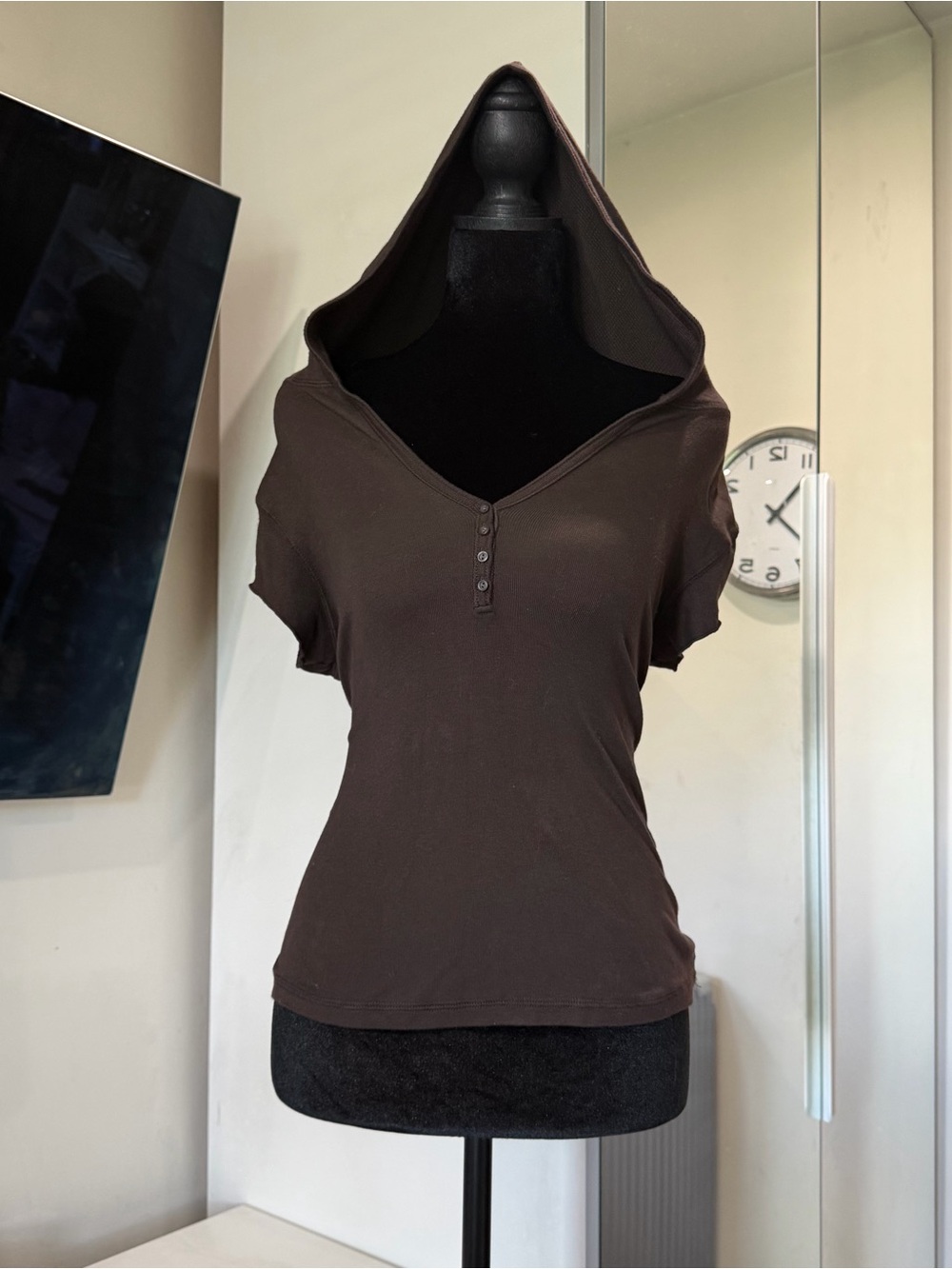Brandy Melville Brown Hooded Henley Tee Short Sleeve